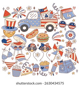Retro 4th of July or Independence Day Doodle Cartoon Style Hand Drawn Elements Vector