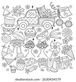Retro 4th of July or Independence Day Doodle Cartoon Style Hand Drawn Elements Outline Coloring Page Vector