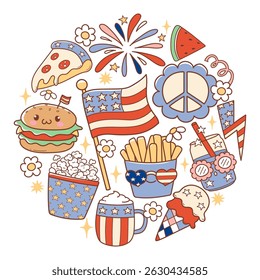Retro 4th of July or Independence Day Doodle Cartoon Style Hand Drawn Elements Vector