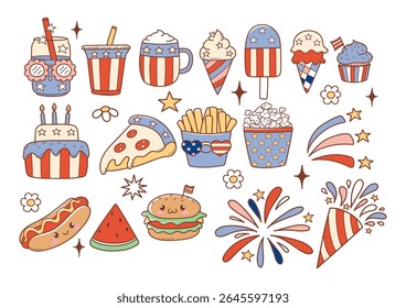 Retro 4th of July or Independence Day Doodle Cartoon Style Hand Drawn Elements Vector