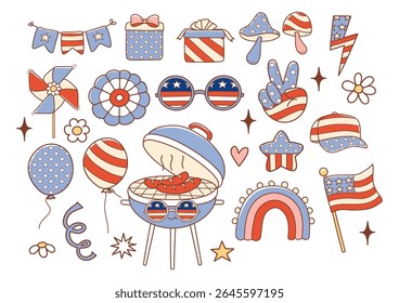 Retro 4 Juillet ou fête de l'indépendance Doodle style dessin animé Éléments dessinés à la main Image vectorielle