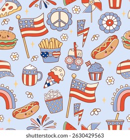 Retro 4th of July Seamless Pattern Isolated Hand Drawn Design for Fabric Digital paper Vector