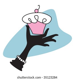 a retro 50's style, vector illustration of a formal black gloved hand presenting a cupcake