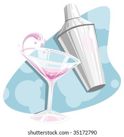 retro 50's style vector illustration of a splashing cosmopolitan martini and shaker- happy hour!