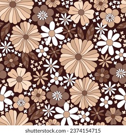 Retro 60s 70s Boho Hippie Earthy colours daisy flower power vector seamless pattern. Groovy floral coffee aesthetics dark background.