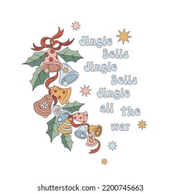 Retro 60s 70s Christmas jingle bells garland vector illustration isolated on white. Hippie Groovy Xmas ornaments poster for Holiday season greeting postcard and invitation design.