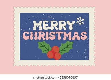 Retro 60s 70s Christmas New Year postal stamp card. Hippie Groovy Xmas sign Merry Christmas. Merry Christmas and Happy New year in trendy groovy hippie style. Vector illustration