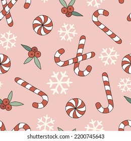 Retro 60s 70s Christmas sweets candy cane lollipop mistletoe snowflake vector seamless pattern. Hippie Groovy Vintage Xmas sweetmeat background for holiday festive season wrapping paper.