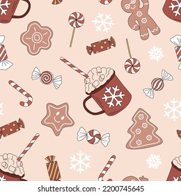 Retro 60s 70s Christmas sweets Cocoa Candy Lollipop Gingerbread man vector seamless pattern. Hippie Groovy Vintage Xmas sweetmeat background for holiday festive season wrapping paper.