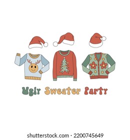 Retro 60s 70s Christmas ugly sweater party Santa cap vector illustration isolated on white. Hippie Groovy Xmas costumes print for Holiday season greeting postcard and invitation design.