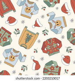 Retro 60s 70s Christmas ugly sweater party Santa cap vector seamless pattern. Hippie Groovy Xmas New Year clothes background. Holiday festive season surface design.