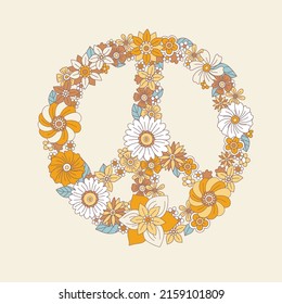 Retro 60s 70s floral symbol of peace, pacifism, no war. Flower Child, hippie style, pacifism icon. Groove flowers peace symbol for print t-shirts, posters, postcards. Vector.
