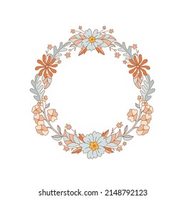 Retro 60s 70s Flower wreath vector illustration isolated on white. Boho hippie groovy Floral round frame. Summer Flower Power vibes arrangement for tee shirt print.