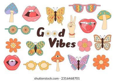 Retro 60s, 70s groovy set. Good vibes. Cute vintage hippie floral elements. Linear color vector illustration.
