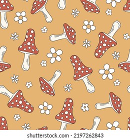 Retro 60s 70s Hippie Groovy Mushroom Floral Daisy floral vector seamless pattern. Boho vintage colours fly agaric background. Toadstool flower power surface design.