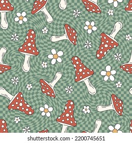 Retro 60s 70s Hippie Groovy Mushroom Floral Daisy floral vector seamless pattern. Boho vintage colours fly agaric checkerboard background. Toadstool flower power surface design.