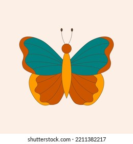 Retro 60s 70s hippie groovy butterfly for cards, stickers or poster design. Flat vector illustration