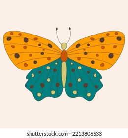Retro 60s 70s hippie groovy butterfly for cards, stickers or poster design. Flat vector illustration