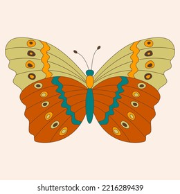Retro 60s 70s hippie groovy butterfly for cards, stickers or poster design. Flat vector illustration