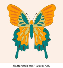 Retro 60s 70s hippie groovy butterfly for cards, stickers or poster design. Flat vector illustration