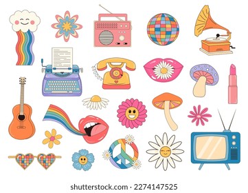 Retro 60s, 70s hippie psychedelic groovy set. 70s Nostalgic and floral stickers, badges. 