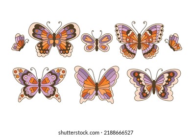 Retro 60s 70s  Hippie Summer Groovy Butterfly set element hand drawn vector illustration  