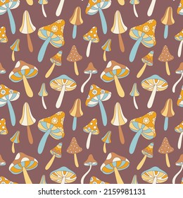 Retro 60s 70s Mushroom Hippie Groovy vector seamless pattern. Flower Child, Hippie Style, summer mushroom, fly agaric, psychedelic background. Vector mushroom texture of the seventies.