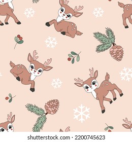 Retro 60s 70s Santa reindeer cone mistletoe snowflake vector seamless pattern. Hippie Groovy Vintage Xmas cute deer winter wondeerland background for holiday festive season wrapping paper.