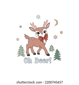 Retro 60s 70s Santa reindeer in the winter forest vector illustration isolated on white. Oh dear equivoque. Hippie Groovy Christmas cute deer print for holiday season decoration.