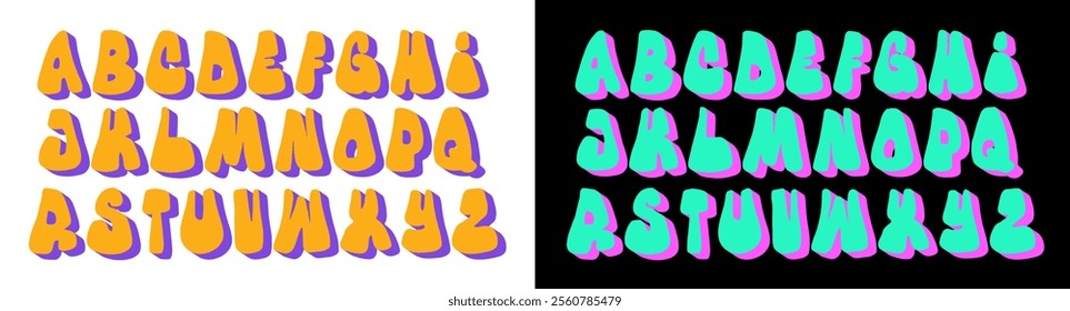 Retro 60s, 70s style groovy alphabet. ABC vintage art. Funky doodle font