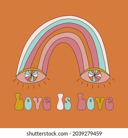 Retro 60s - 70s style with a rainbow hippie sun in a simple linear style. Naive boho style by hand, festival of colors and music, signs of peace and free love