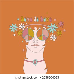 Retro 60s - 70s style with a rainbow hippie sun in a simple linear style. Naive boho style by hand, festival of colors and music, signs of peace and free love