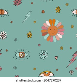 Retro 60s - 70s style with a rainbow hippie sun in a simple linear style. Naive boho style by hand, festival of colors and music, signs of peace and free love