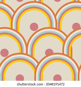 Retro 60s - 70s style with a rainbow hippie sun in a simple linear style. Naive boho style by hand, festival of colors and music, signs of peace and free love