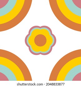 Retro 60s - 70s style with a rainbow hippie sun in a simple linear style. Naive boho style by hand, festival of colors and music, signs of peace and free love