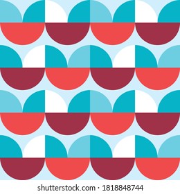 Retro 60's and 70's style vector seamless minimalist pattern - geometric textile design mid-century style. Vintage style repetitive background, simple abstract wallpaper or poster in blue and red
