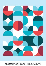 Retro 60's and 70's style vector minimalist poster in 18x24 format size - geometric design with circles and abstract shapes.  
Vintage style blue and red background, simple abstract wallpaper 