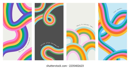 Retro 60s colorful rainbow cartoon illustration set with happy inspiration quote. Trendy vintage hippie art style background collection. Curvy pastel color 70s fashion print.