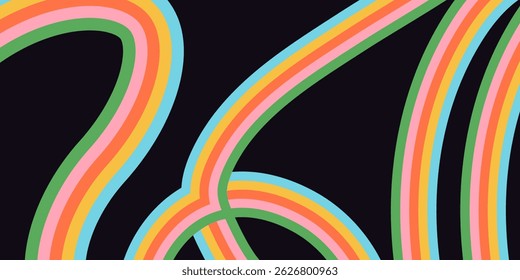 Retro 60s colorful rainbow cartoon illustration set with happy inspiration quote. Trendy vintage hippie art style background collection. Curvy pastel color 70s fashion print.