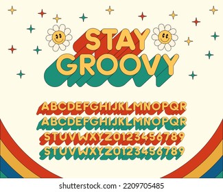 Retro 60s early 70s groovy alphabet. Vector vintage hippy funky font. Stay Groovy