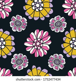 Retro 60s floral. Vector repeat pattern. Great for home decor, wrapping, fashion, scrapbooking, wallpaper, gift, kids, apparel.
