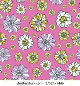 Retro 60s floral. Vector repeat pattern. Great for home decor, wrapping, fashion, scrapbooking, wallpaper, gift, kids, apparel.