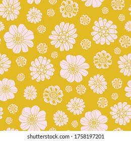 Retro 60s floral. Vector repeat pattern. Great for home decor, wrapping, fashion, scrapbooking, wallpaper, gift, kids, apparel.