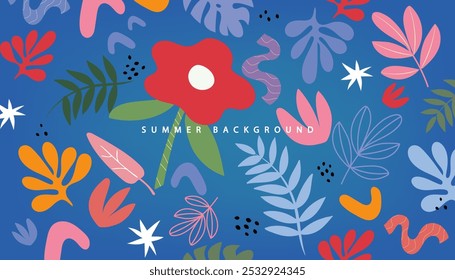 Retro 60s Blume trendy. Vektor Sommer Tropische Palmenblätter auf blauem Hintergrund. Palmenblättern tropisch. Modernes Grafikdesign. Handgezeichnete Texturen. Ideal für Web, Karte, Poster, Cover.