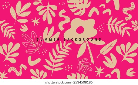 Retro 60s flower trendy. Vector summer Tropical palm leaves on pink background. palm tree foliage tropical. Modern graphic design. Hand Drawn textures. Ideal for web, card, poster, cover.