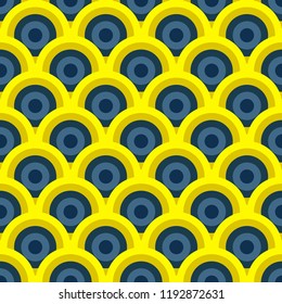 Retro 60s geometric seamless pattern with yellow and blue circles and waves. Decorative vector illustration for background, wrapping paper, textile print, wallpaper, package, backdrop.