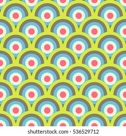 Retro 60-s geometric seamless pattern with bright candy colored circles and waves. Vector illustration for background, wrapping paper, fabric and textile print, wallpaper, package, greeting card.