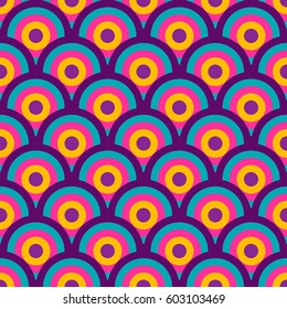 Retro 60-s geometric seamless pattern with pink, purple, blue and yellow circles and waves. Vector illustration for background, wrapping paper, textile print, wallpaper, package, greeting card.