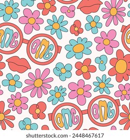 Retro 60s groovy psychedelic seamless background. Cartoon hippie style daisies, glasses, lips pattern.