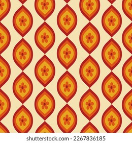  Retro 60s orange Flowers on ogee ovals seamless pattern. For textile, home decor and wallpaper.